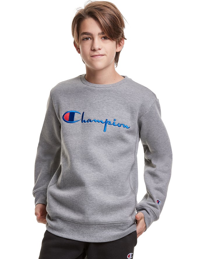 Champion Drenge Sweatshirt MørkeGrå - Reverse Weave Fleece Crew Embroidered Logo - Danmark OUH-70542